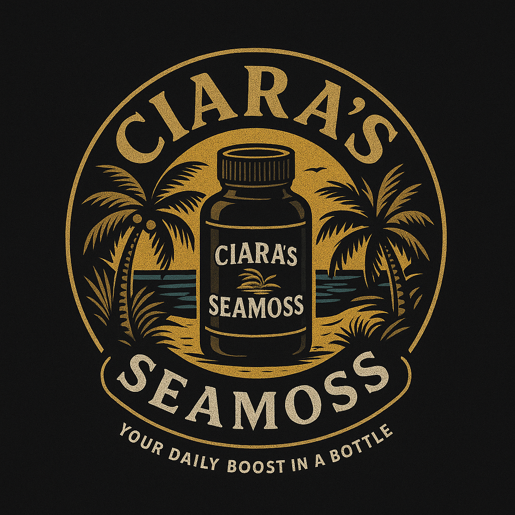Logo of Ciara's Seamoss with a bottle and palm trees on a black background